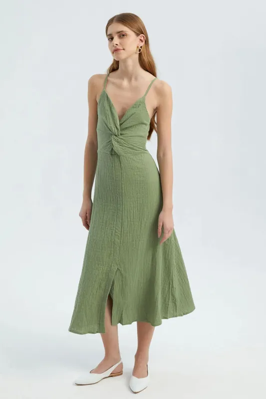 V Neck Sleeveless Midi Dress with a Side Slit - Hiccup