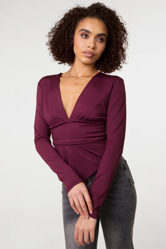 Wine Stretch V Neck Hanky Hem Top - Pink Vanilla