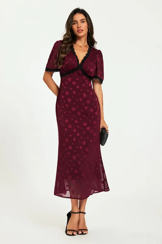 Polka Dot Jacquard Lace Trim Midi Dress - FS Collection