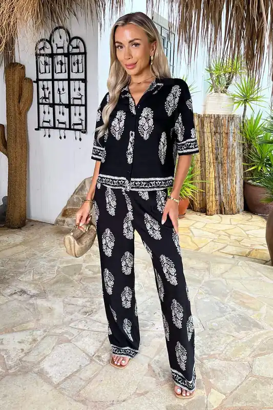 Black Border Print Wide Leg Trousers - AX Paris