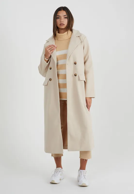 Double Breasted Faux Wool Longline Coat - Brave Soul