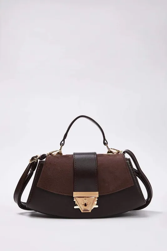 Women's Faux Suede Panel Mini Grab Bag with Push Lock Closure - WOVCOR