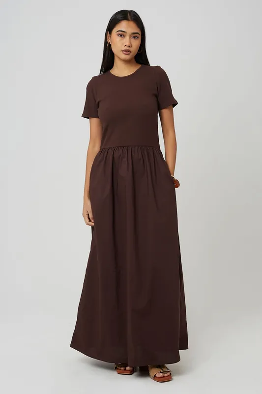 Crew Neck Jersey And Poplin Mix Maxi Dress - Brave Soul