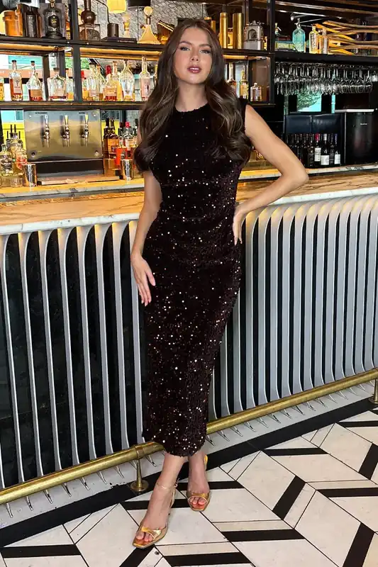Chocolate Velvet Sequin Round Neck Midi Dress - AX Paris