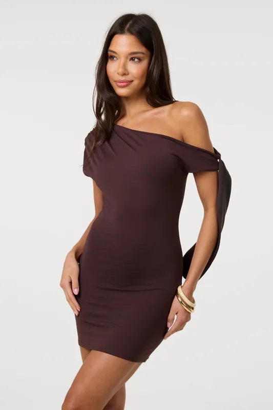 Brown Soft Cotton Asymmetric Tie Sleeve Dress - Pink Vanilla