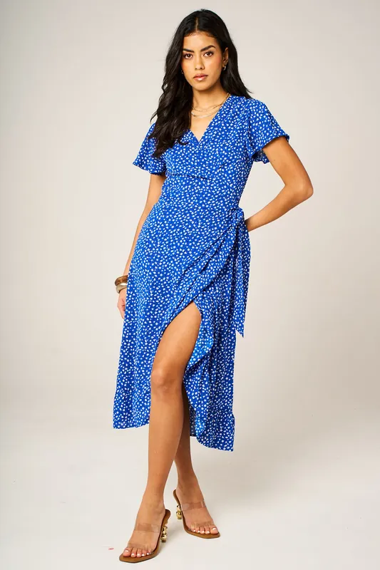 Angel Sleeve Floral Wrap Midi Dress with Hem Frill Detail - FS Collection