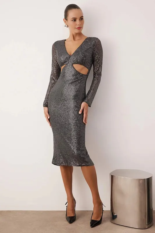 Cut Out Sequin Knit Lined Midi Evening Dress - WOVCOR