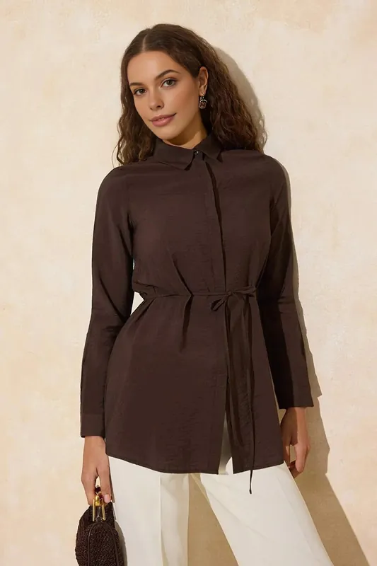 Tie Waist Collared Long Sleeve Longline Woven Shirt - WOVCOR