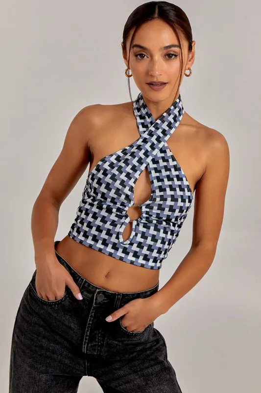 Geometric Print Cut Out Halterneck Top - Pink Vanilla