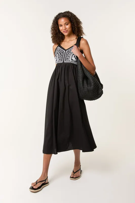 Black Embroidered Yoke Strappy Dress - Blue Vanilla