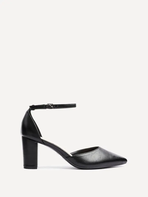 Leona Black Faux Leather Closed Back Block Heeled Court Shoe - Linzi