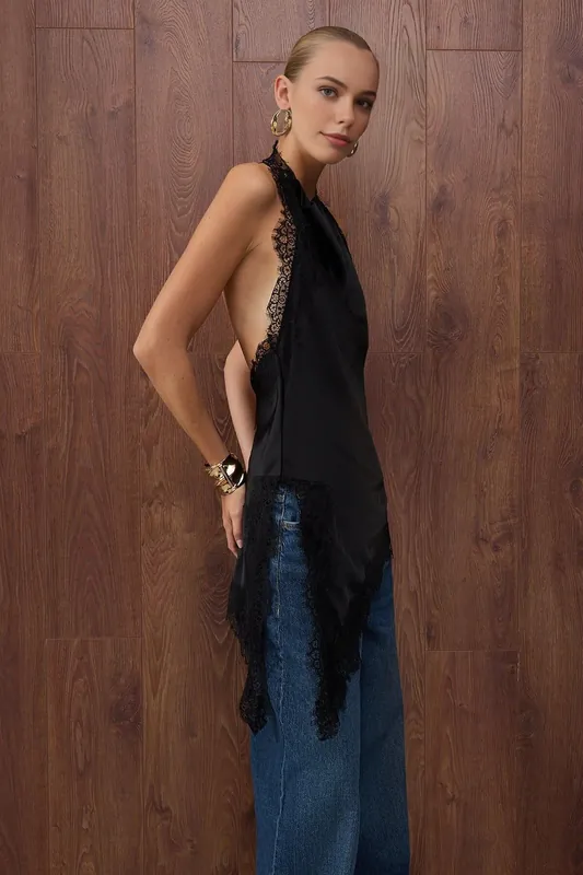 Cowl Neck Lace Trim Satin Halterneck Blouse - WOVCOR