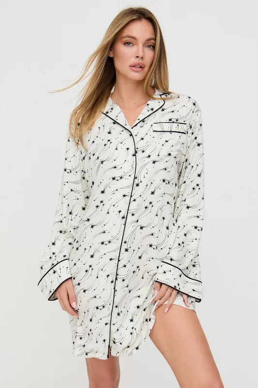 Simone Long Sleeve Shooting Star Print Nightshirt In Cream - Lily and Lionel