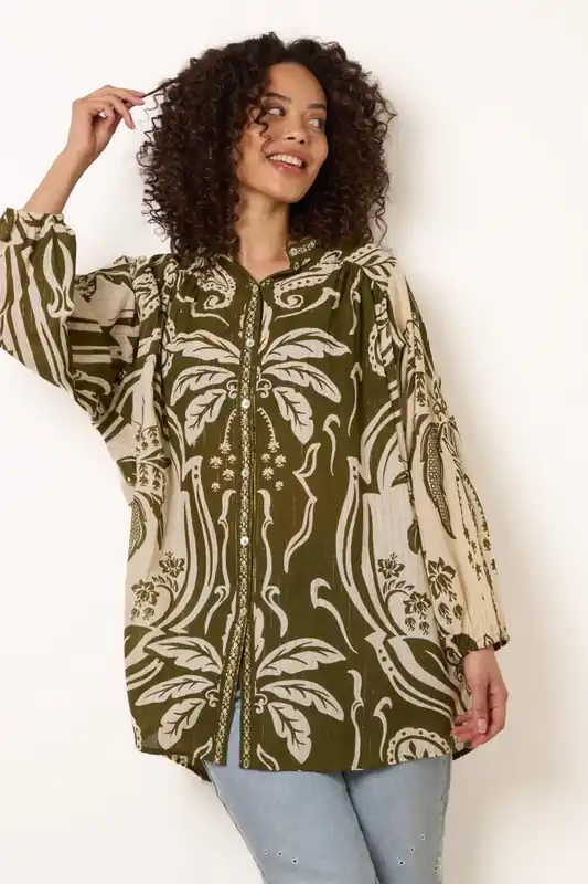 Khaki Tropical Metallic Oversized Shirt - Blue Vanilla