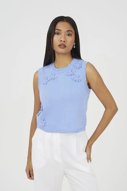 Knitted Crew Neck Tank With Crochet Flowers - Brave Soul