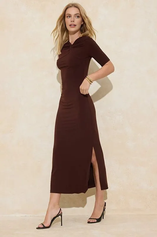 Twist Front Short Sleeve Stretch Knit Column Maxi Dress - WOVCOR