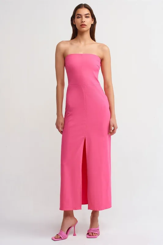 Strapless Fitted Midi Dress With Slit - Dilvin