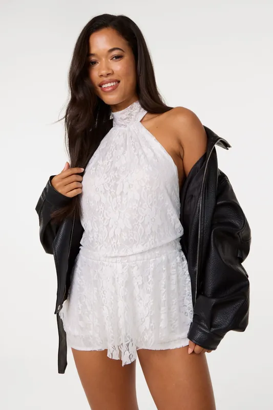 Ivory Halter Lace Peplum Playsuit - Pink Vanilla