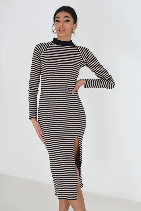 Cotton Blend Midi Rib Knit Stripe Dress with Split - Brave Soul