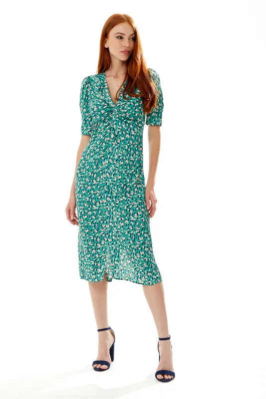Stroke Print Knot Front Dress in Green - Liquorish