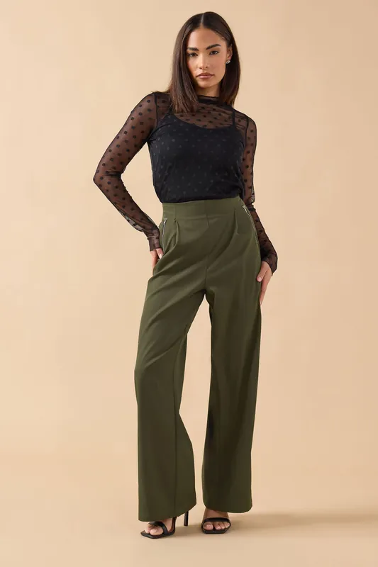 Petite Zip Wide Leg Trousers - PixieGirl