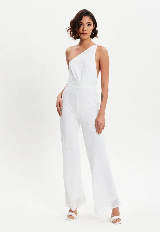 White Sequin Jersey One Shoulder Jumpsuit - Liquorish