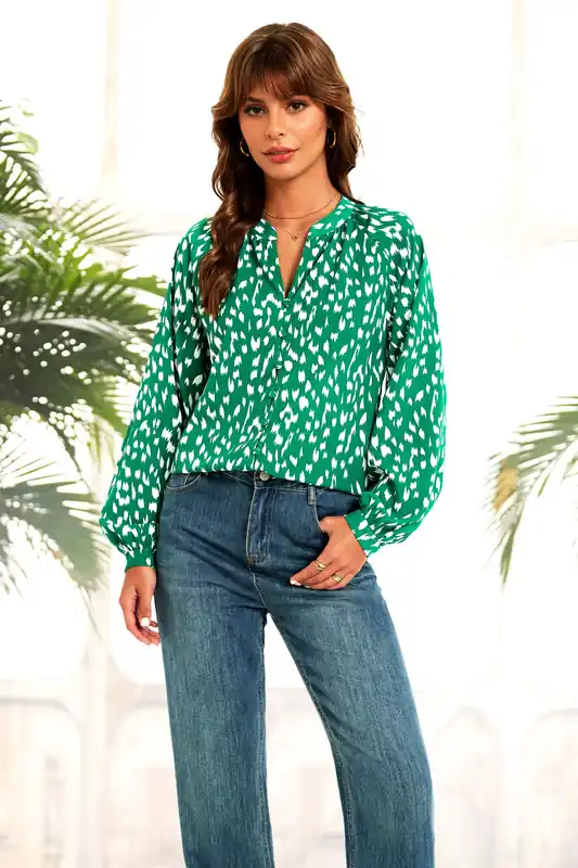 Brushstroke Print long sleeve Blouse Top In Green - FS Collection