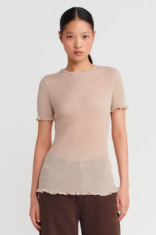 Slim Fit Ribbed Frill Blouse - Dilvin