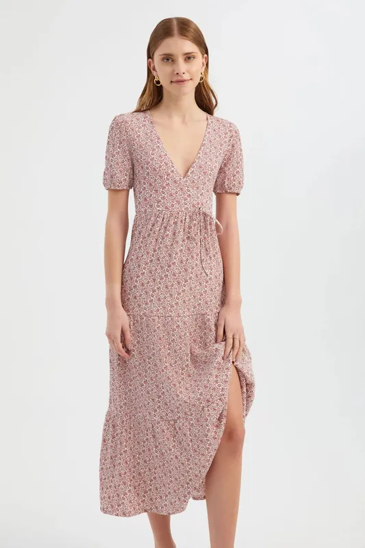 Abstract V Neck Tie Side Tiered Short Sleeve Maxi Dress - Hiccup
