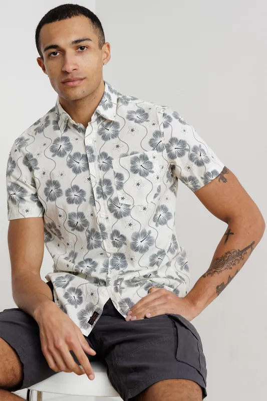 Cotton Poplin Button-Up Shirt with Abstract Floral Print
