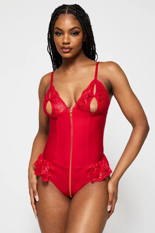 Tasha PU Peep Hole Zip Through Crotchless Teddy Lingerie - Ann Summers
