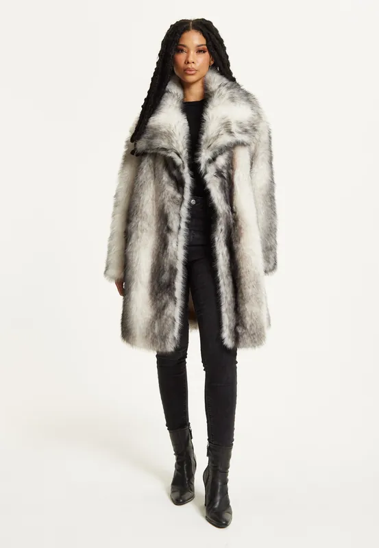 Grey Ombre Faux Fur Midi Coat Oversized Fit - Liquorish