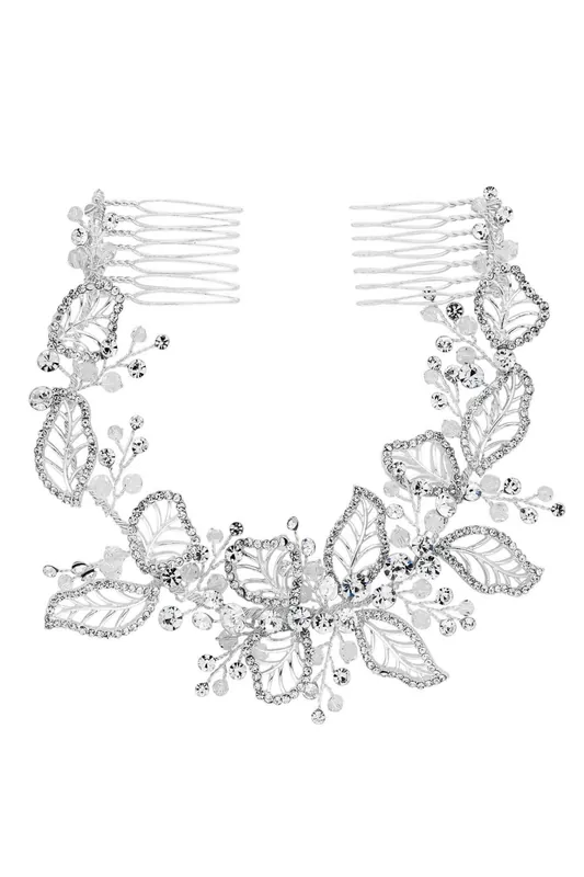 Silver Plated Clear Crystal Olivia Pave Leaf Double Hair Comb - Gift Pouch