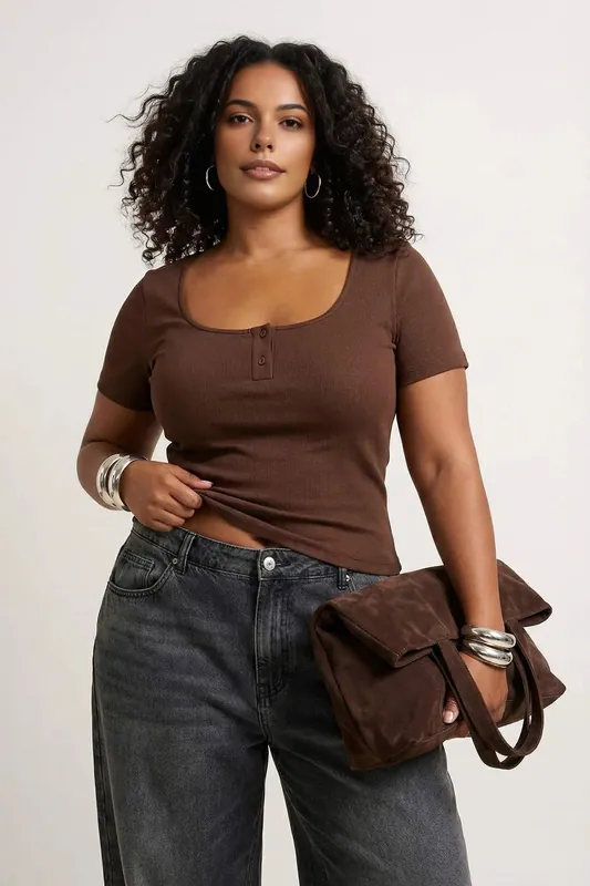 Ribbed Button Detail Short Sleeve Fitted Top - WOVCOR