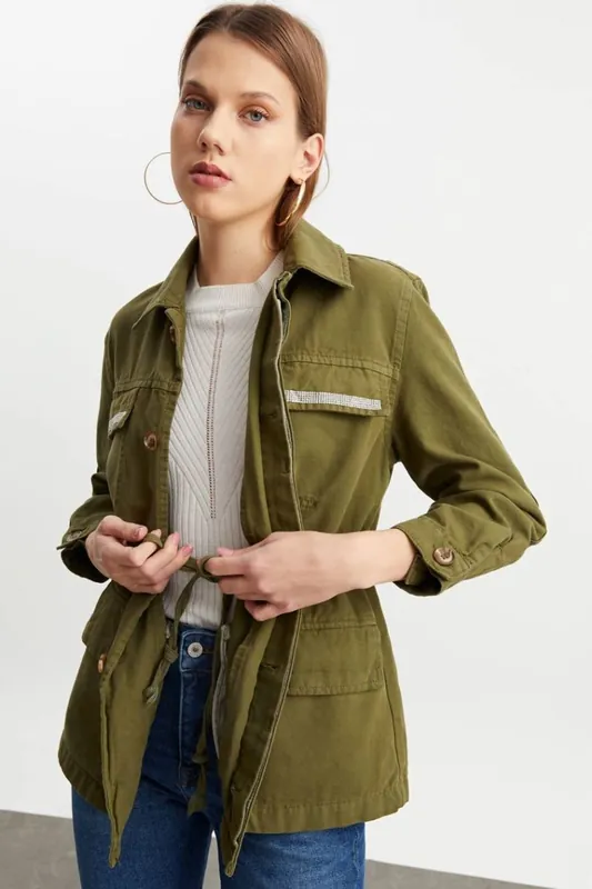 Denim Collar Pocket Drawstring Jacket - Hiccup