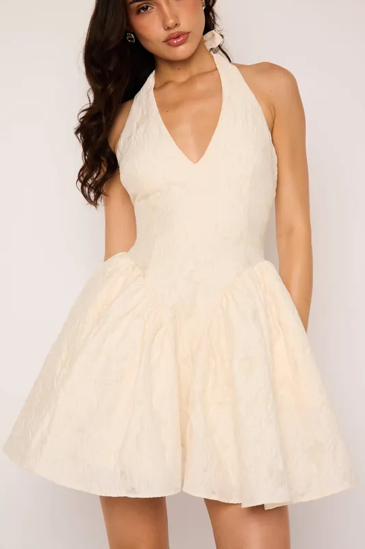 Laurnaby Textured Pearl Halter Mini Flounce Dress - Jaded Rose