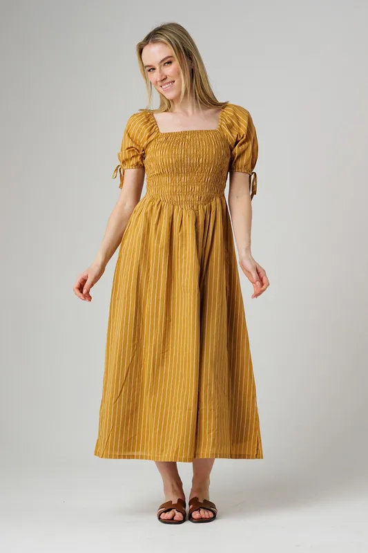 Striped Square Neck Puff Sleeve Midi Dress - Wednesday's Girl