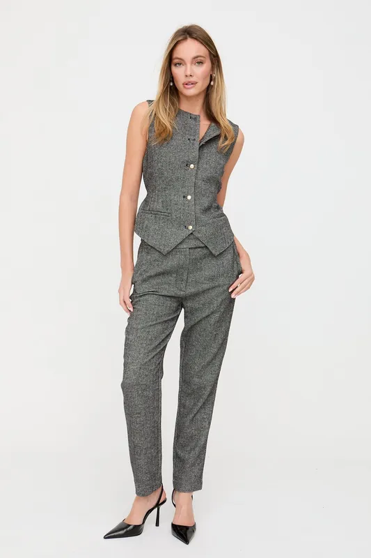 Pandora Tapered Herringbone Print Trouser In Grey - Lily and Lionel