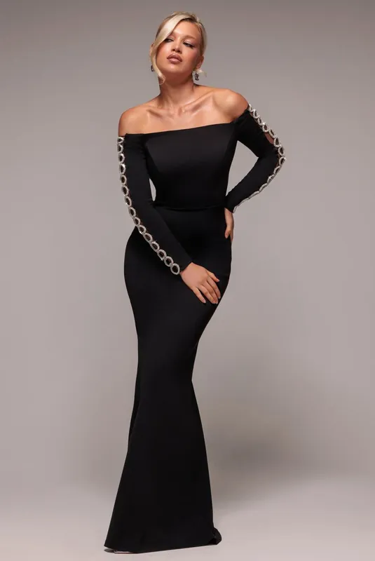 Embellished Diamante Sleeve Bardot Maxi Dress - Goddiva