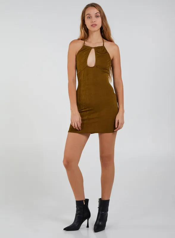 Brown Halter Neck Slinky Mini Dress - Pink Vanilla