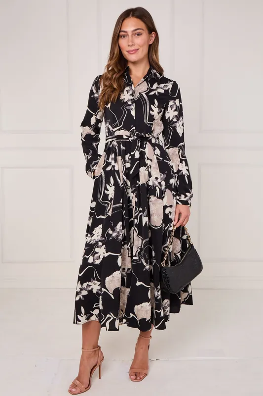 Black and Stone Abstract Floral Print Maxi Shirt Dress - Love Sunshine