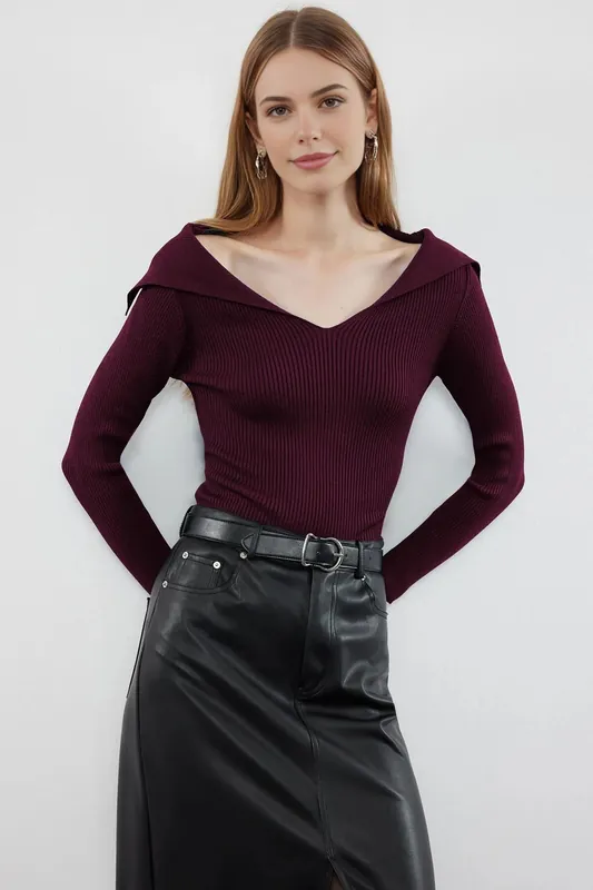 Carmen Collar Knit Sweater Off-Shoulder Rib Knitted Jumper