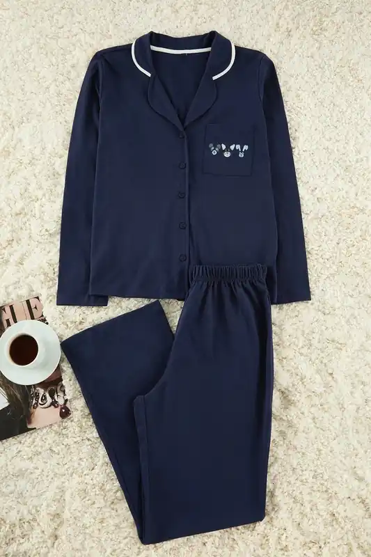 2-Piece Knit Piping Pocket Detail Long Sleeve Pajama Set