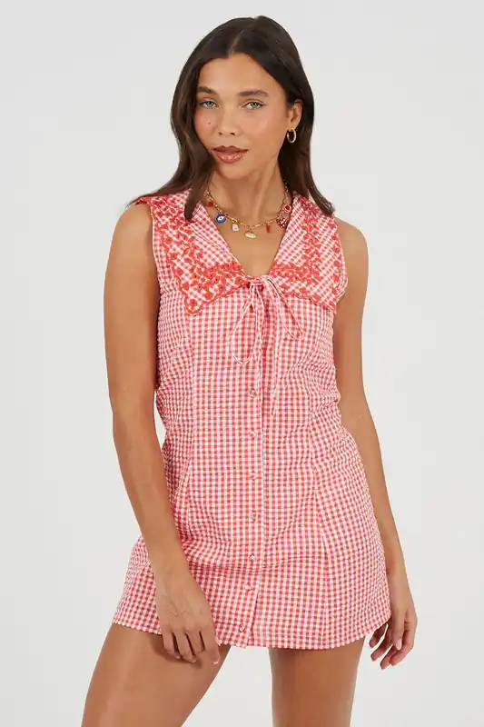 Gingham Mini Dress With Oversized Embroidered Collar - Brave Soul