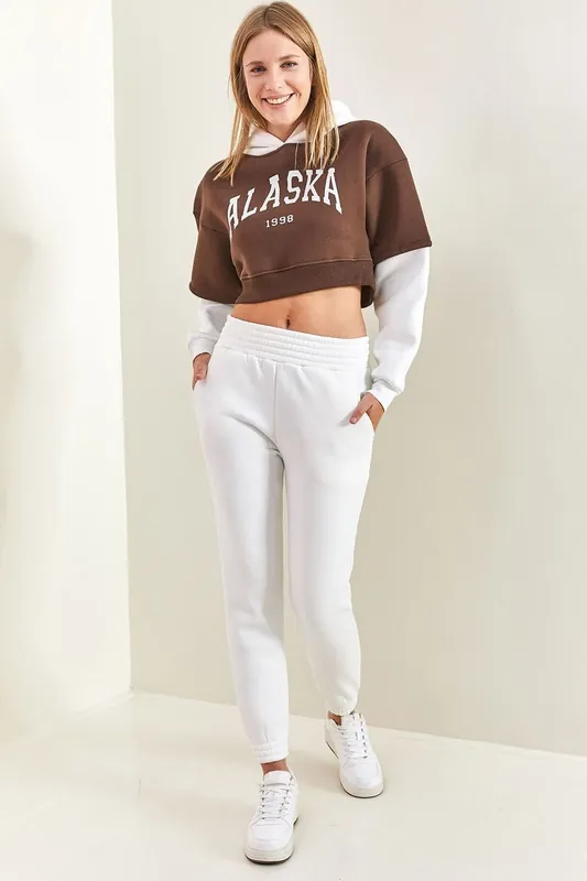 Hooded Crop Sweatshirt and Skinny Leg Tracksuit Set - Bianco Lucci