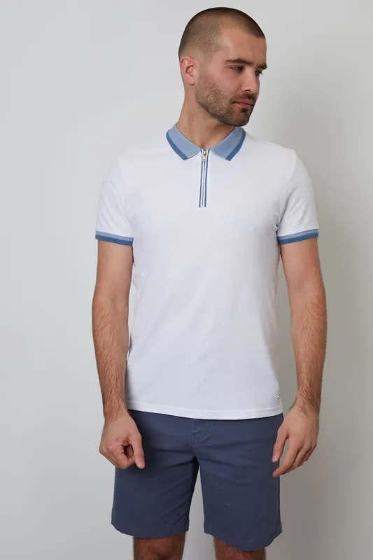 Cotton Tipping Collar Quarter Zip Pique Polo Shirt - Threadbare