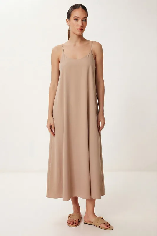 Loose Fit Midi Dress with U Collar - Happiness Istanbul