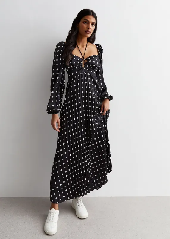 Black Polka Dot Pleated Cut Out Maxi Dress - Gini London