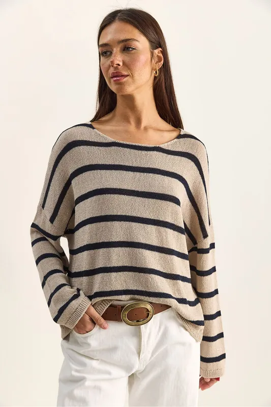 Striped Boat Neck Lightweight Jumper - Bianco Lucci