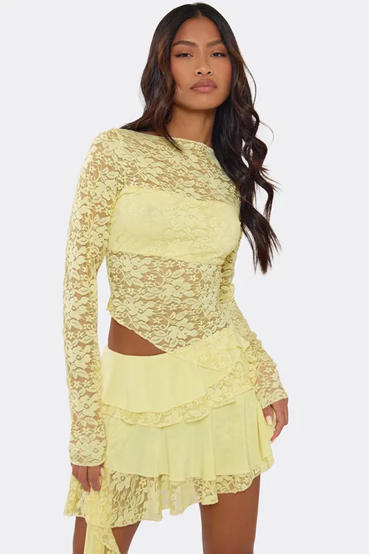 Long Sleeve Crew Neck Asymmetric Hem Lace Top - EGO